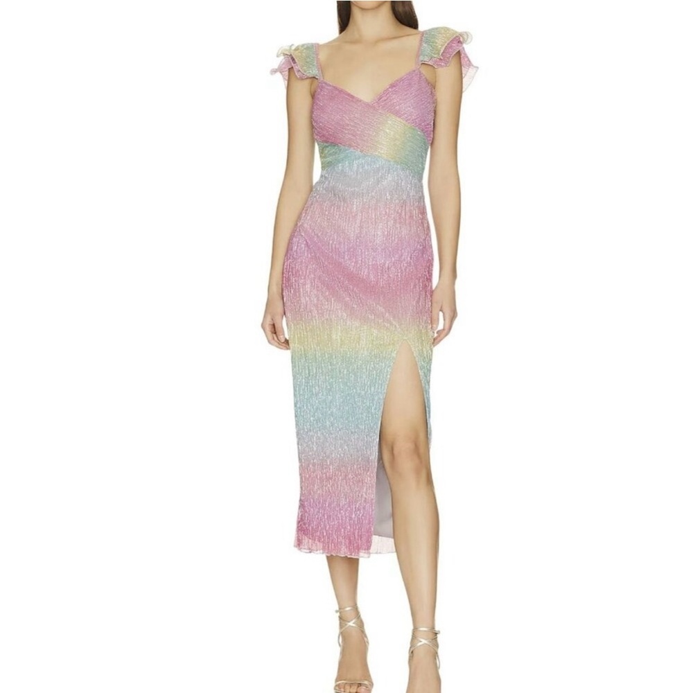 Nwot Saylor Ombre Metallic Myrah Ruffle Shoulder Slit Midi Dress Sz Large L